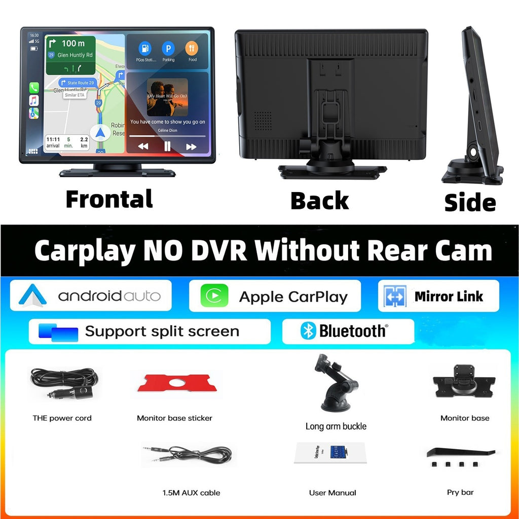 TOGUARD 9" Wireless Carplay Android Auto Multimedia Car Play Monitor Dual Len Cam Car Screen DVR GPS Wifi BT with Reverse Camera