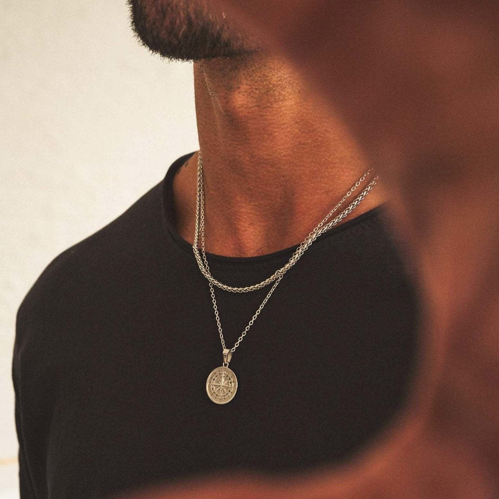 Vnox Layered Necklaces for Men, Sailing Travel Compass Pendant, Stainless Steel Cuban Figaro Wheat Chain, Casual Retro Collar