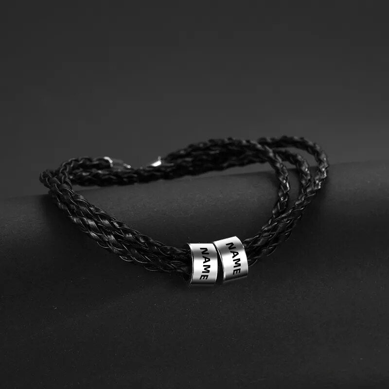 LIKGREAT Name Letter Customize Leather Bracelet for Women Men Stainless Steel Bead Braided Rope Wrist Bracelets Personalized