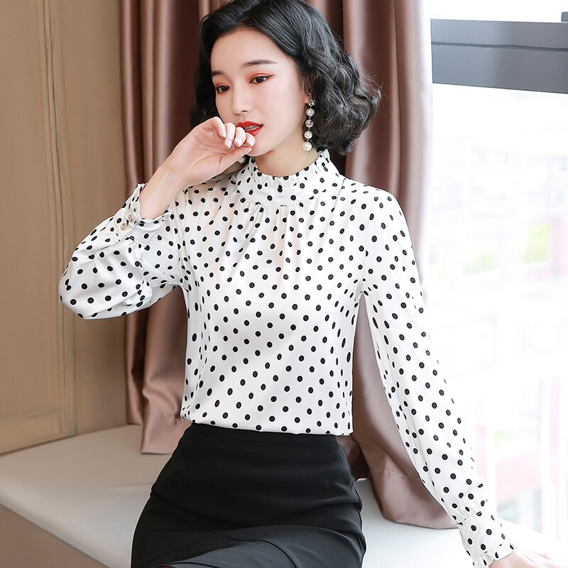 Women Blouses Casual Stand Collar Autumn Fashion Women Shirts Blouses Long Sleeve Polka Dot Women Tops 2023 Fashion Blusas 10589