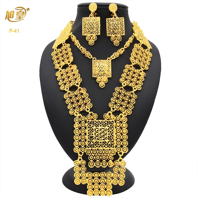 XUHUANG Dubai 24K Plated Necklace Earring Set Arabic Ethiopian Nigerian Banquet Wedding Party Necklace Choker Jewellery Set Gift