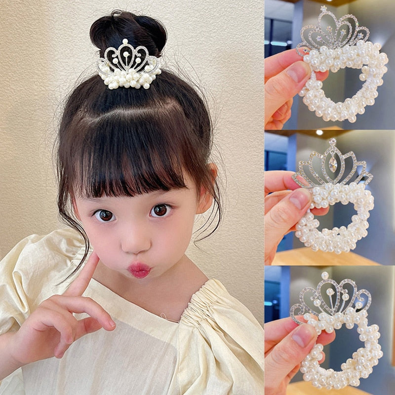 Fashion Pearl Crown Princess Hair Bands Elastic Rubber Bands Children Ball Hair Bun Ties Hair Styling Accessories