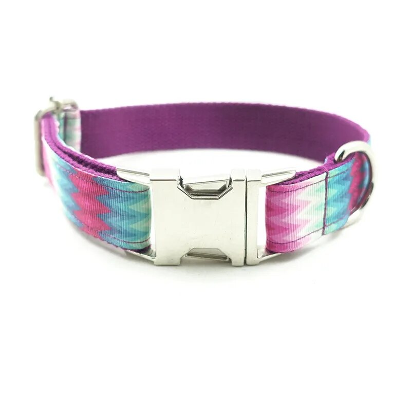 GLORIOUS KEK Dog Collar and Leash Set Rainbow Pattern Custom Engrave Name Dog Collars Quick Lease Metal Hardwares Pet Collar Big