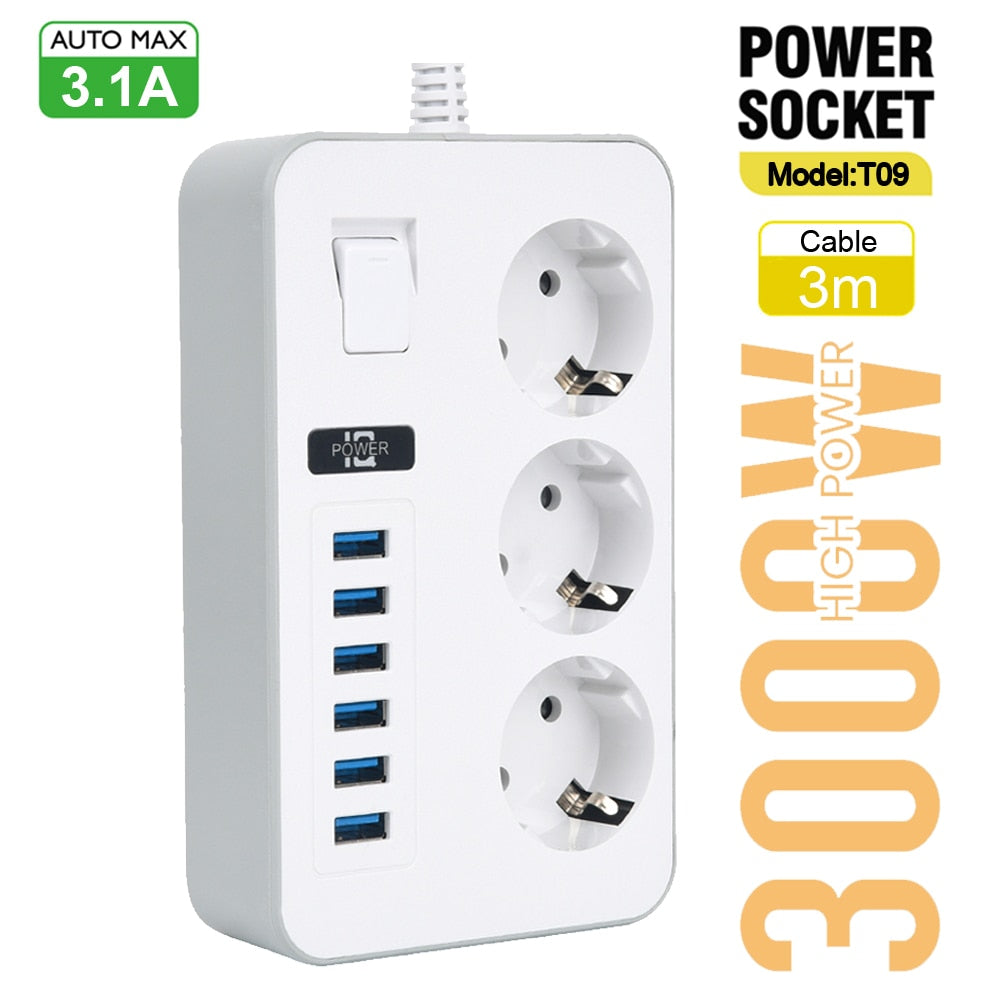 EU Plug AC Outlet Power Strip Multiprise Smart Home Extension Cord Electrical Socket 6 USB Port 3.1A Phone Charge Network Filter