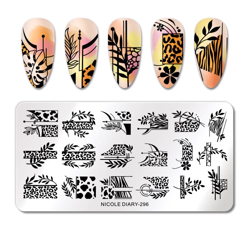 NICOLE DIARY Leaves Flower Stripe Design Stamping Plates Abstract Lady Face Nail Stamp Templates Leaf Floral Printing Stencil