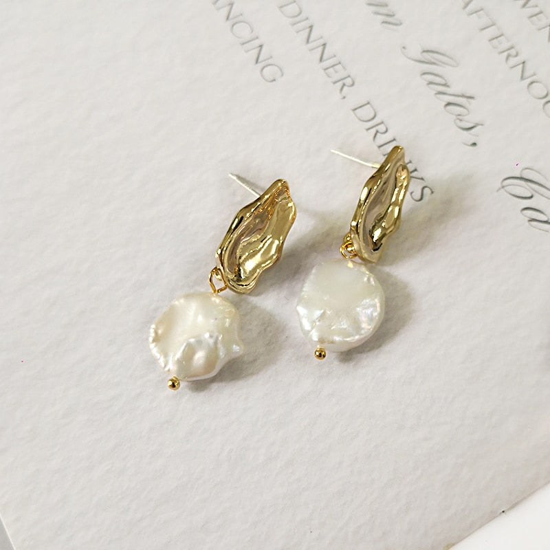 Peris's box Large Flat Freshwater Pearl Drop Earrings for Women Gold Color Metal White Baroque Pearl Earrings Jewelry Hot Selling