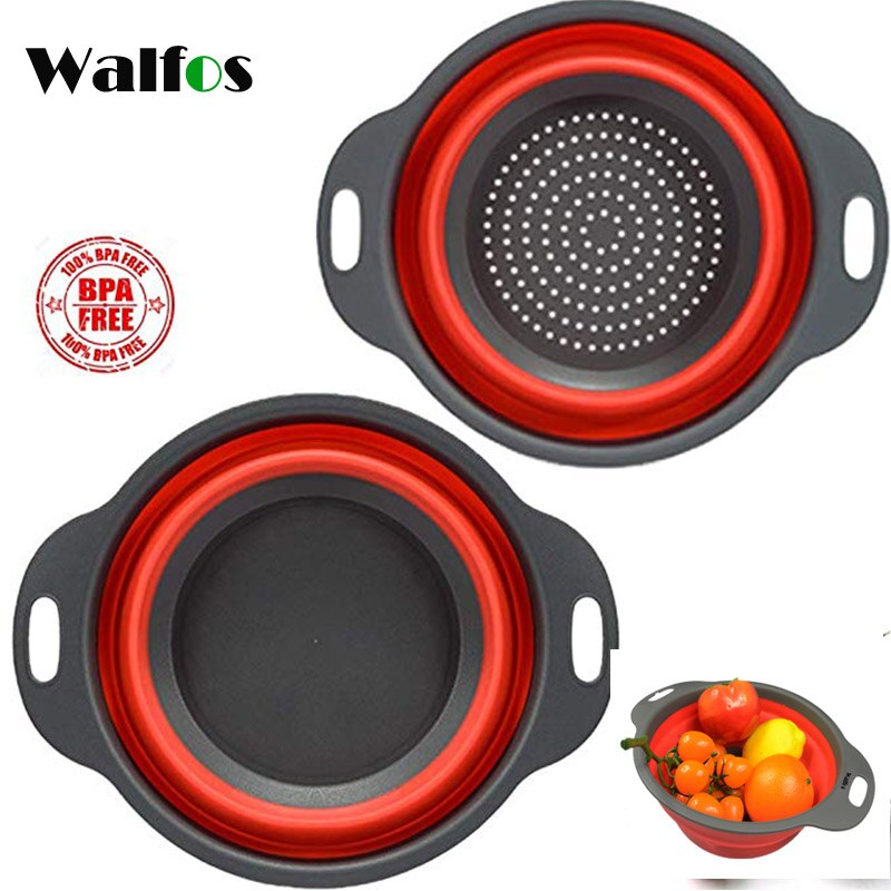 WALFOS 2 Pieces Foldable Silicone Collapsible Kitchen Colander Kitchen Tools Fruit Vegetable Strainer Drainer Washing Basket