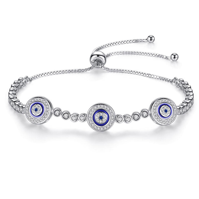 Women Evil Eye Lucky Hamsa Bracelet Genuine 925 Sterling Silver Men Luxury Round Blue Eyes CZ Crystal Tennis Bracelet KLTB014