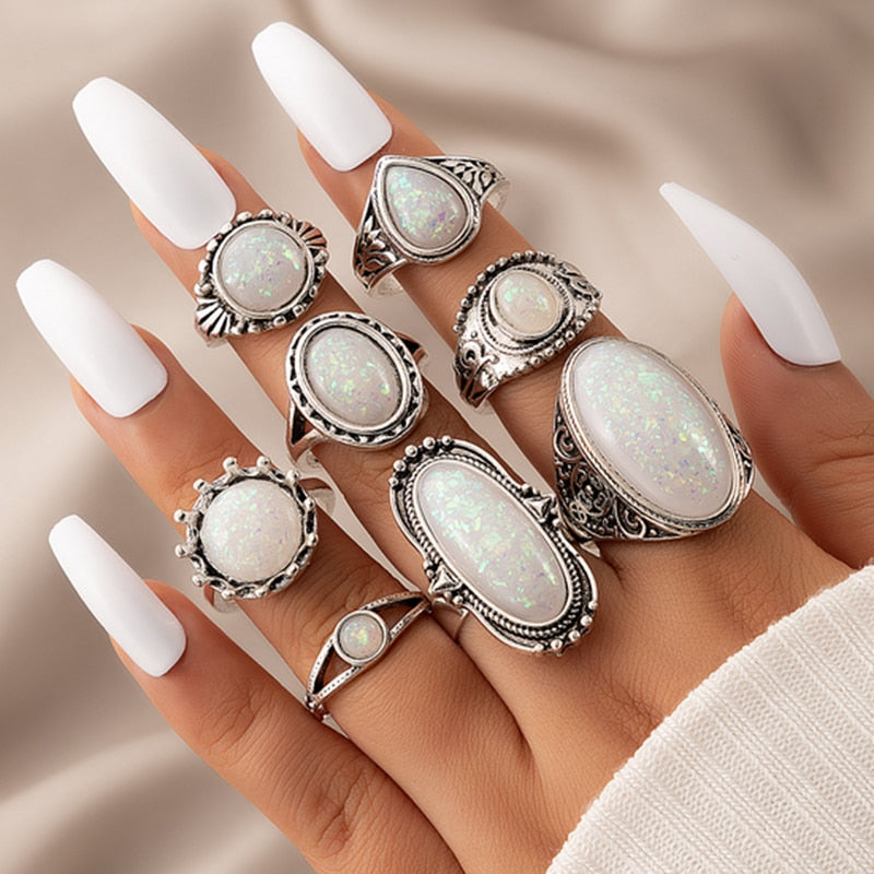 Tocona Vintage Antique Silver Color Rings Sets Colorful Opal Crystal Stone Carve for Women Men Bohemian Jewelry Anillos 6421