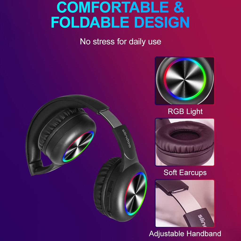 Siindoo RGB Light Wireless Bluetooth Headphones Kids Foldable Stereo Earphones Super Bass Noise Reduction Headset JH-926C For TV