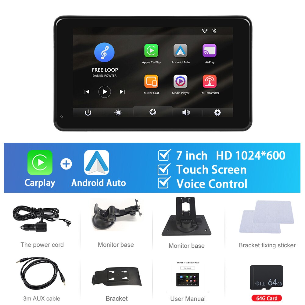 Podofo 7inch Car Radio Carplay Multimedia Video Player Navigation Stereo Wireless Android Auto MP5 Radio Bluetooth Voice Control