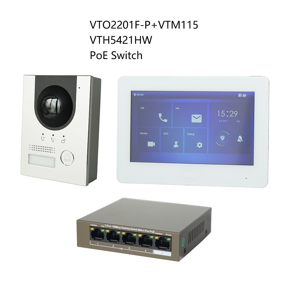 DH Multi-Language IP Video Intercom KIT,VTO2201F-P & VTH5421HW /VTH5421HB & PoE switch,support SIP, replace VTO2202F-P-S2