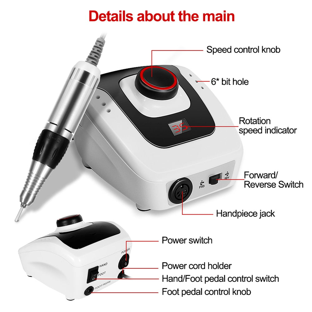 Nail Drill 35000RPM Machine Electric Manicure Drill Machine& Accessory Nail Machine Kit with Milling Cutter Electric Nail Tool