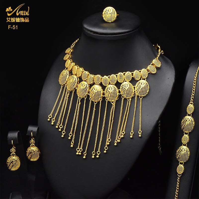 ANIID Dubai Tassel Gold Plated Jewelry Sets For Women Fashion Indian Bridal Necklace And Earring 4Pcs Set Ethiopian Party Gifts