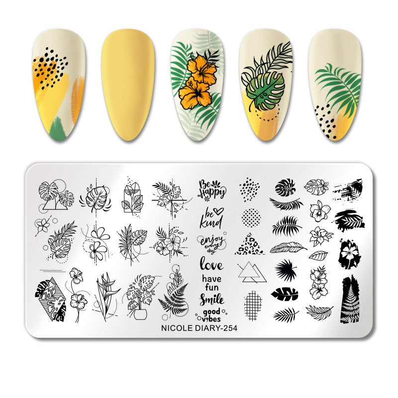 NICOLE DIARY Leaves Flower Stripe Design Stamping Plates Abstract Lady Face Nail Stamp Templates Leaf Floral Printing Stencil