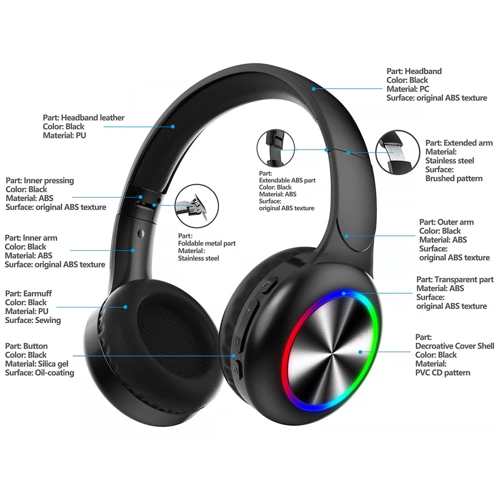 Siindoo RGB Light Wireless Bluetooth Headphones Kids Foldable Stereo Earphones Super Bass Noise Reduction Headset JH-926C For TV