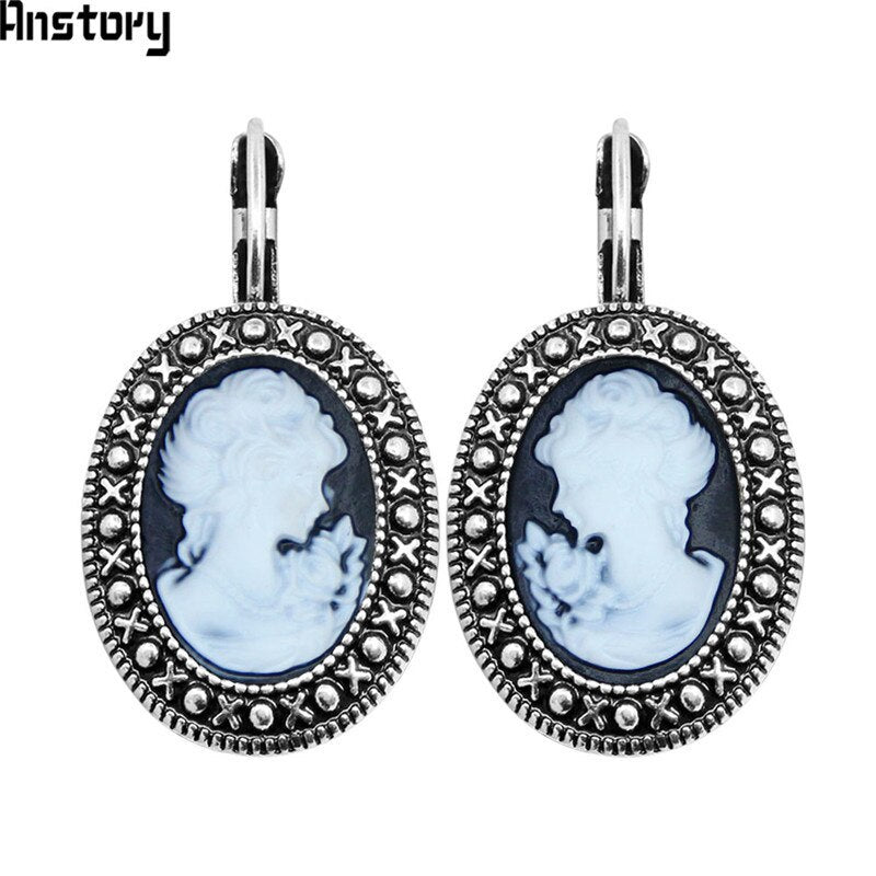 Lady Queen Cameo Hook Earrings For Women Vintage Look Antique Silver Plated Fashion Jewelry TE491