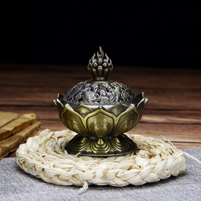 ERMAKOVA Lotus Flower Chinese Buddha Alloy Metal Incense Burner Incense Holder Handmade Censer Bowl Buddhist Home Decoration