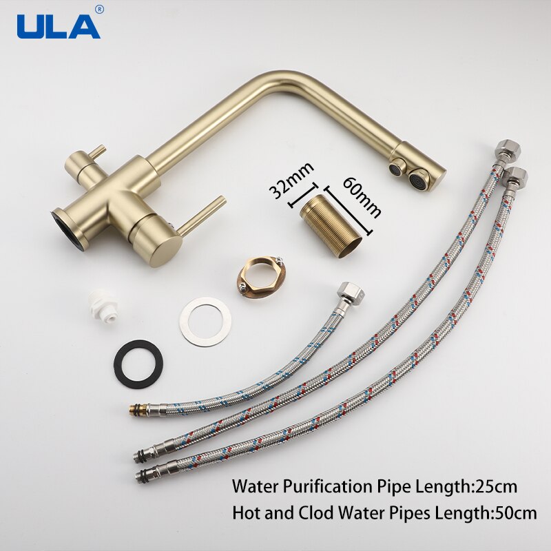 ULA Filtered Kitchen Faucet Brass Purifier Faucet Dual Sprayer Drinking Water Mixer Tap Nozzle Sink Mixer Kitchen Gold Tap