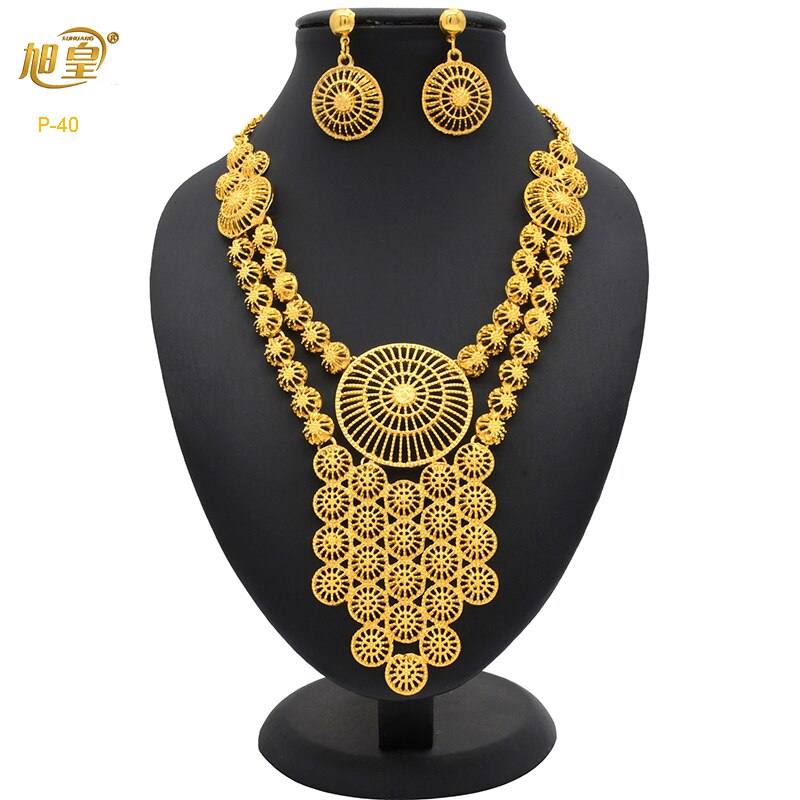 XUHUANG Ethiopian Gold Plated Jewelry Set For Women Dubai Bridal Wedding Necklace And Earring Set Moroccan African Jewelry Gift