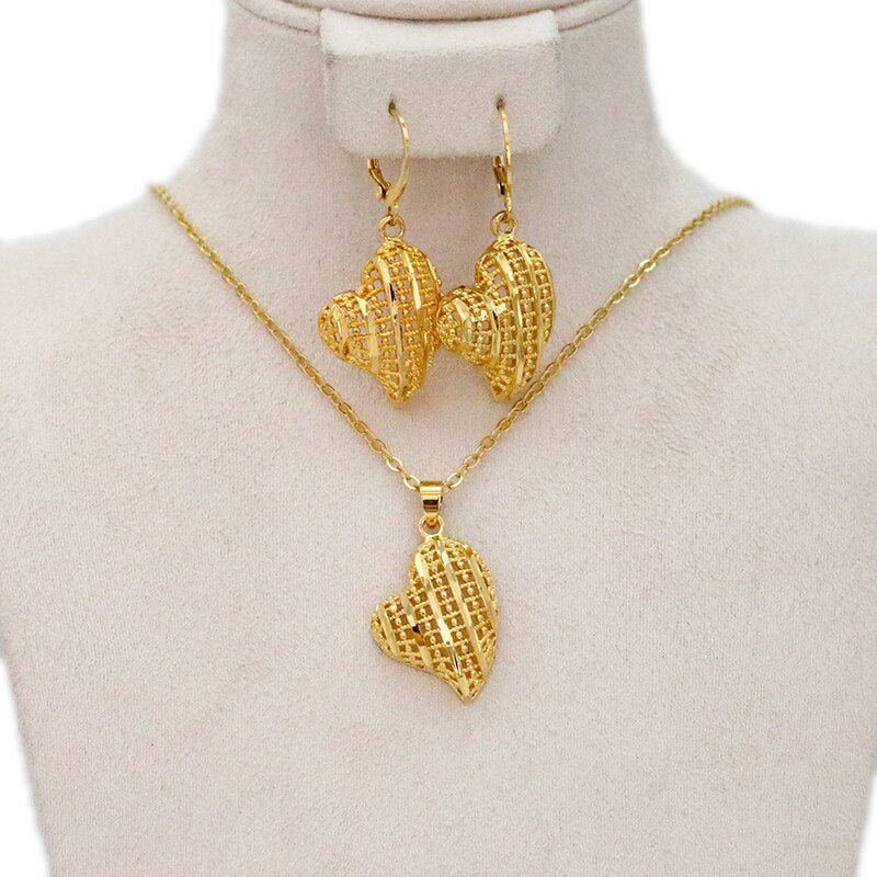 24k Gold Plated Ethiopian Earrings Pendant Necklace Set Dubai Women's Jewelry Set Africa India Nigeria Wedding Gift Party Jewelr