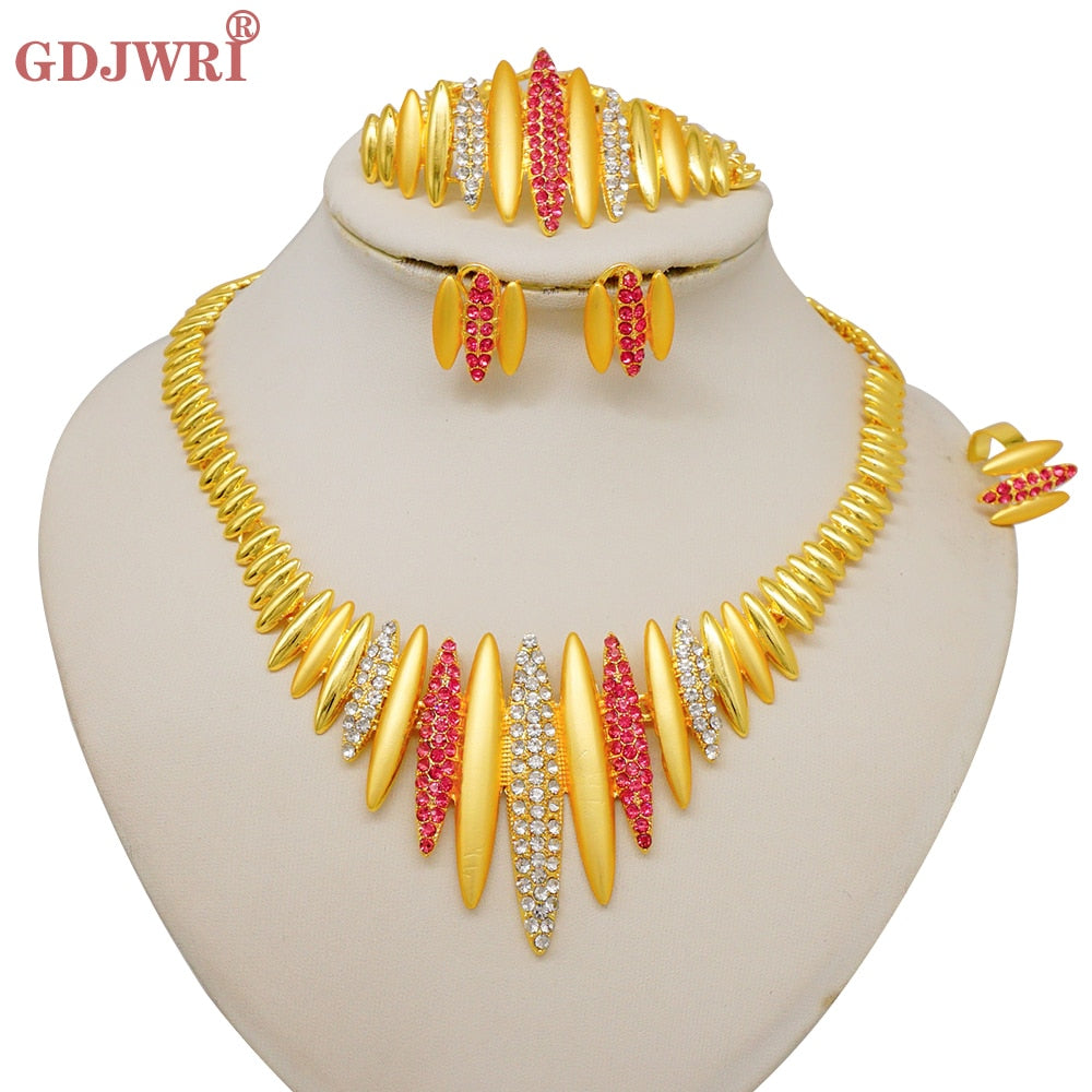 Dubai Indian Gold Color Necklace Bracelet Earrings Ring Jewelry Sets For Women Ethiopian Nigerian Bridal Wedding Jewellery Gifts