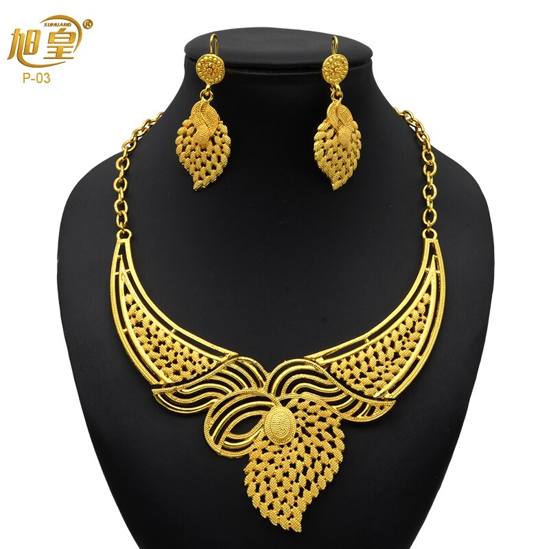 XUHUANG Dubai 24K Plated Necklace Earring Set Arabic Ethiopian Nigerian Banquet Wedding Party Necklace Choker Jewellery Set Gift