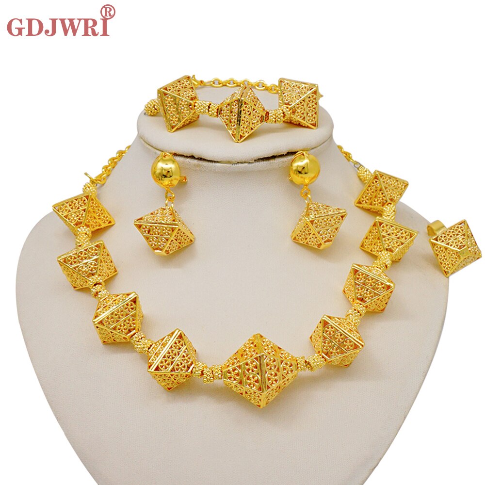 Dubai Indian Gold Color Necklace Bracelet Earrings Ring Jewelry Sets For Women Ethiopian Nigerian Bridal Wedding Jewellery Gifts