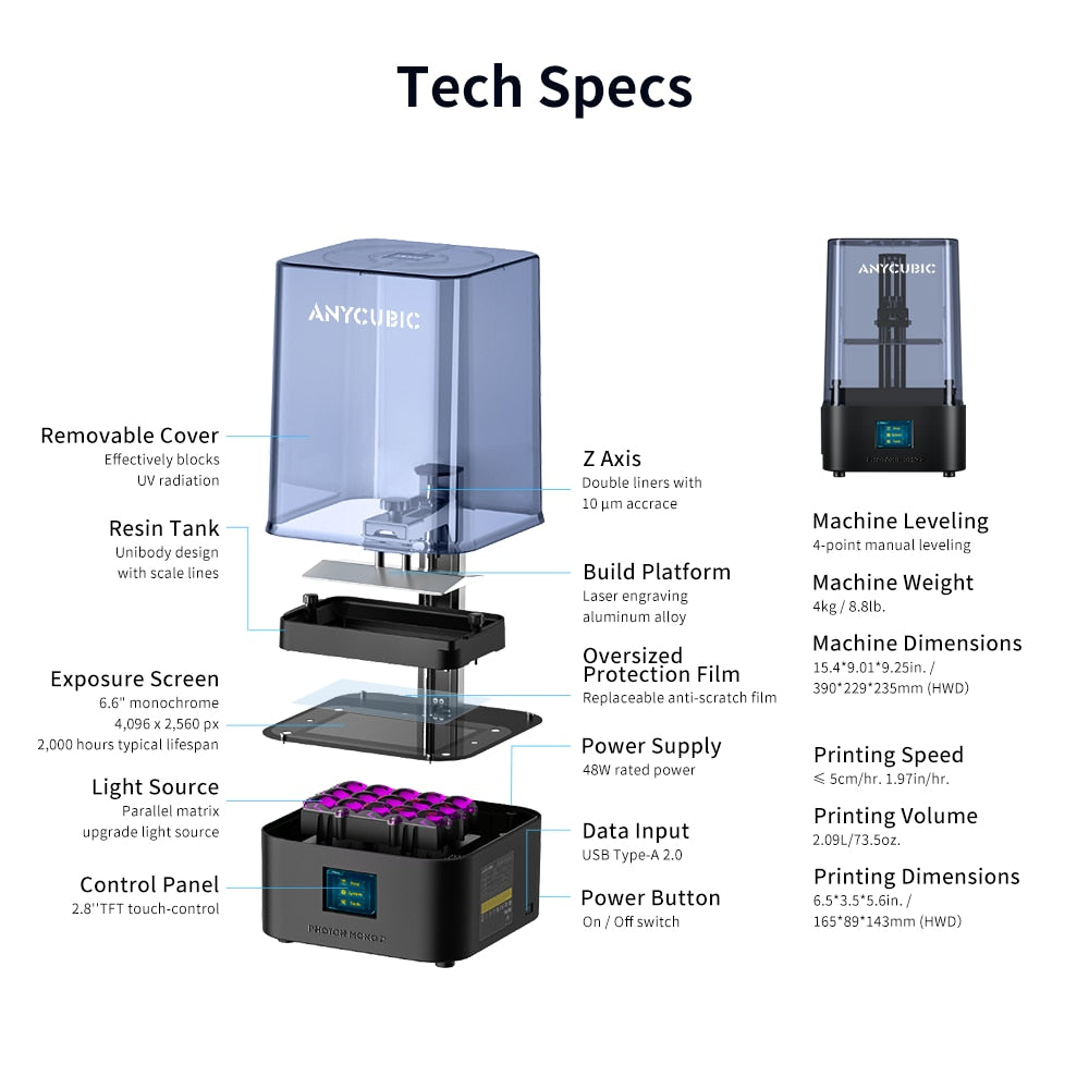 ANYCUBIC Photon Mono 2 LCD UV Resin 3D Printer High-Speed 3D Printing 6.6" 4K+ Monochrome Screen 165*143*89mm Printing Size