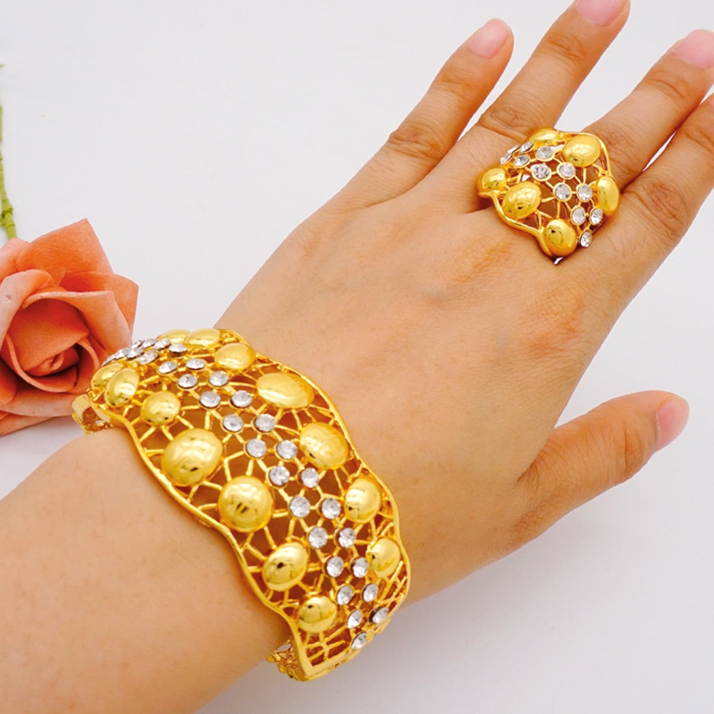 Fine Dubai Gold Color Hollow Out Flower Bracelet For Women African Bangle Ring Ethiopian Jewelry Bridal Wedding Gifts Party