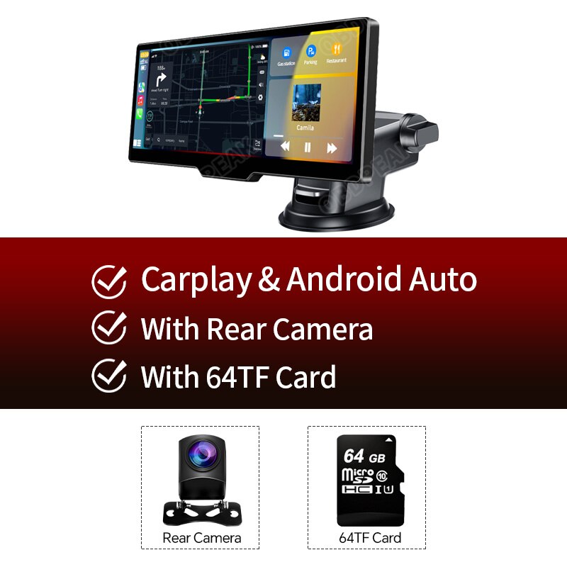 T20 10.26" Dashcam Wireless Carplay Android Auto GPS Navigation Aux Output Mirror Link 2.5K Rear Camera Video Universal Screen