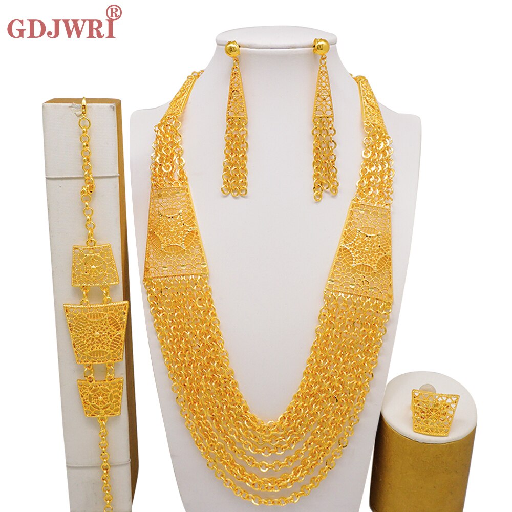 Dubai Indian Gold Color Necklace Bracelet Earrings Ring Jewelry Sets For Women Ethiopian Nigerian Bridal Wedding Jewellery Gifts