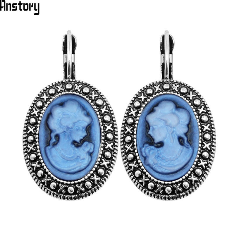 Lady Queen Cameo Hook Earrings For Women Vintage Look Antique Silver Plated Fashion Jewelry TE491