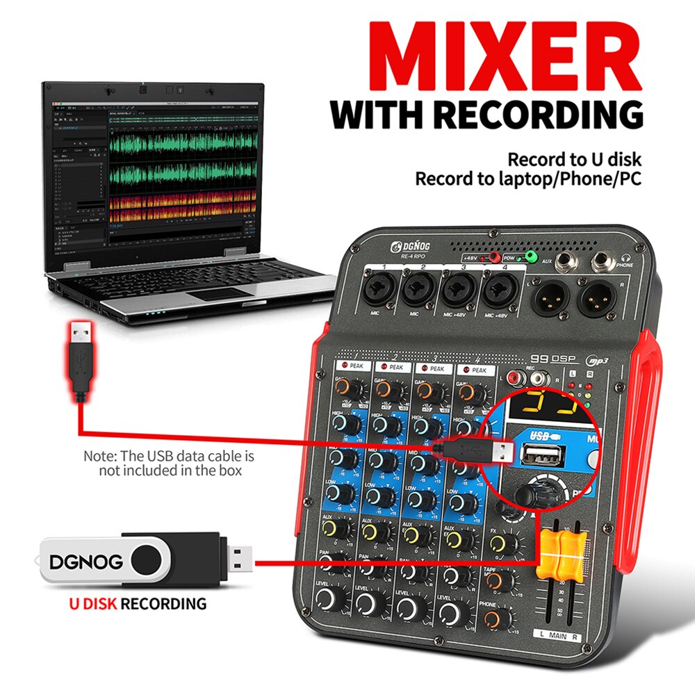 4 Channel Sound Mixer RE-4 PRO 99 DSP Effects Professional Studio Audio Mixing DJ Console Bluetooth for PC Stage Podcast Record