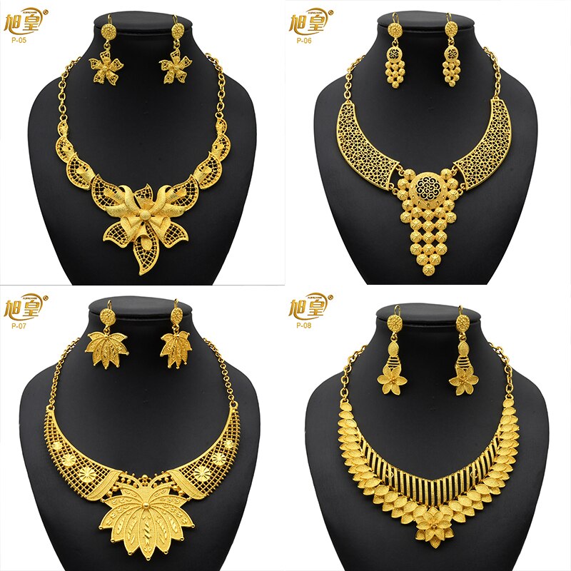 XUHUANG Ethiopian Gold Plated Jewelry Set For Women Dubai Bridal Wedding Necklace And Earring Set Moroccan African Jewelry Gift