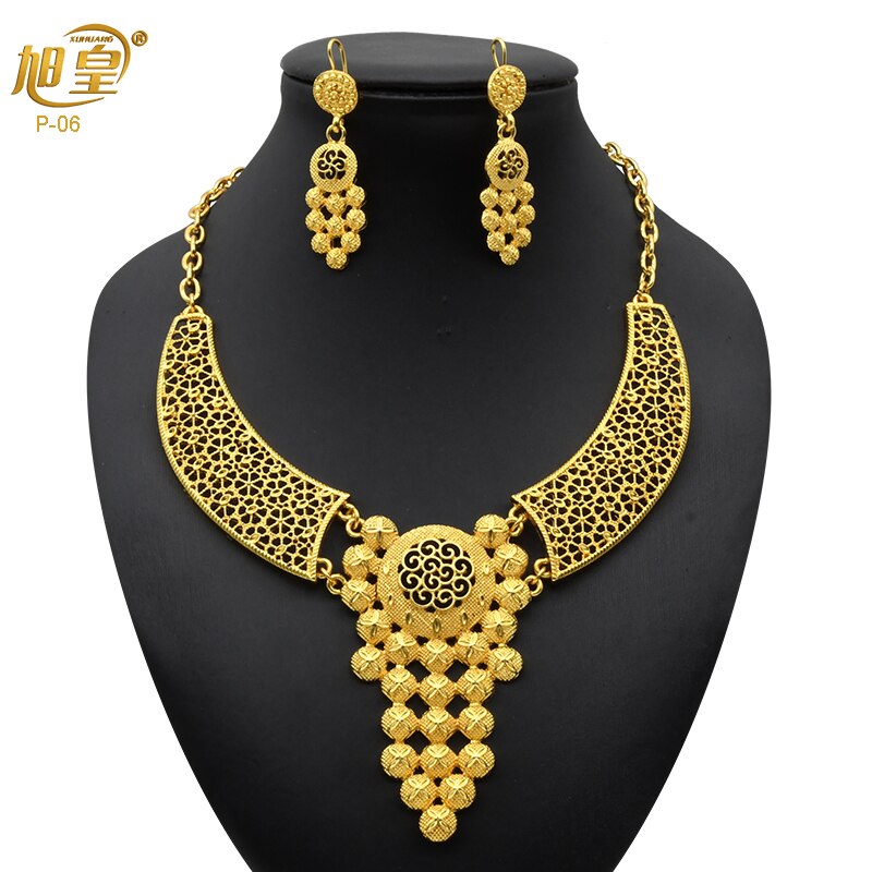 XUHUANG Dubai 24K Plated Necklace Earring Set Arabic Ethiopian Nigerian Banquet Wedding Party Necklace Choker Jewellery Set Gift