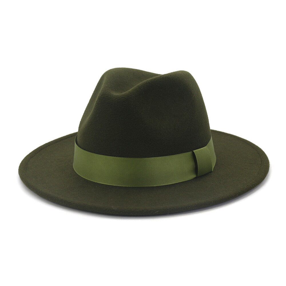 SHOWERSMILE Army Green Wool Felt Jazz Fedora Hats Men Women Wide Brim Sombrero British Style Trilby Formal Panama Cap Dress Hat