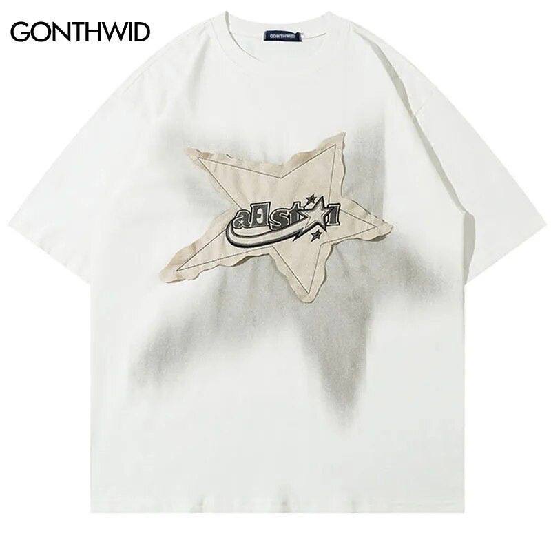 Men Oversized T Shirt Star Splicing Harajuku Streetwear Tshirts Man 2023 Fashion Casual Loose Cotton Hip Hop Y2K T-shirt Tops