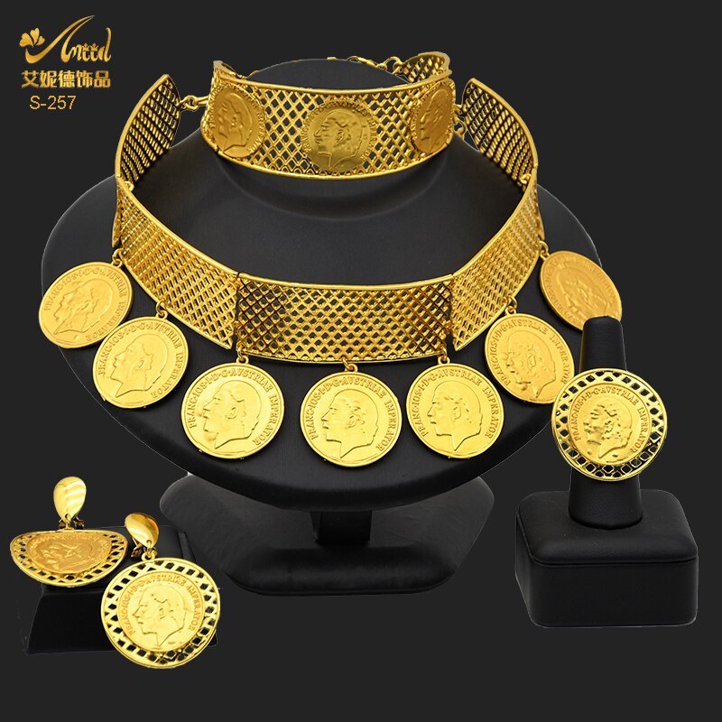 ANIID Dubai Gold Plated Coin Necklace Bracelet Jewelry Sets For Women African Ethiopian Bridal Wedding Luxury Jewellery Gifts