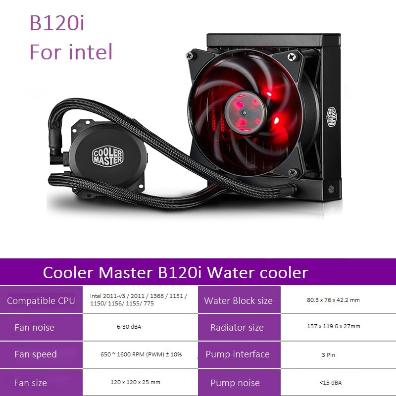 Cooler Master B120i CPU Water Cooler 120mm Red LED Quiet Fan For Intelo LGA 2011-v3 2011 1366 115X 775 CPU Liquid cooling