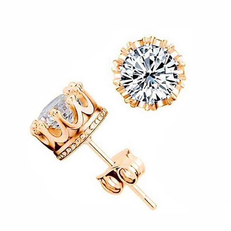 Classic Shining Zircon Small Stud Earrings in Gold Color Crystal Earrings for Women Girls, Fashion Crown Jewelry.