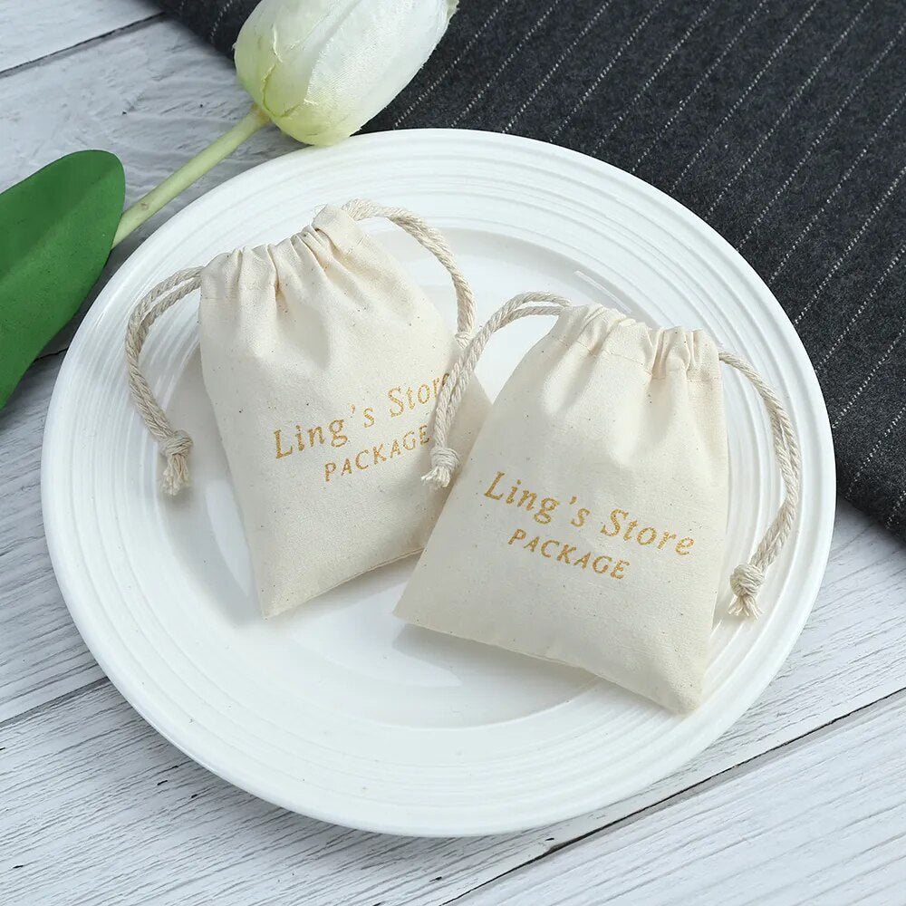 100pcs Nature Cotton Jewelry Bags Grosgrain Ribbon Drawstring Pouch Custom Logo Earring Bracelet Dice Dust Bag Wedding Gift Bag