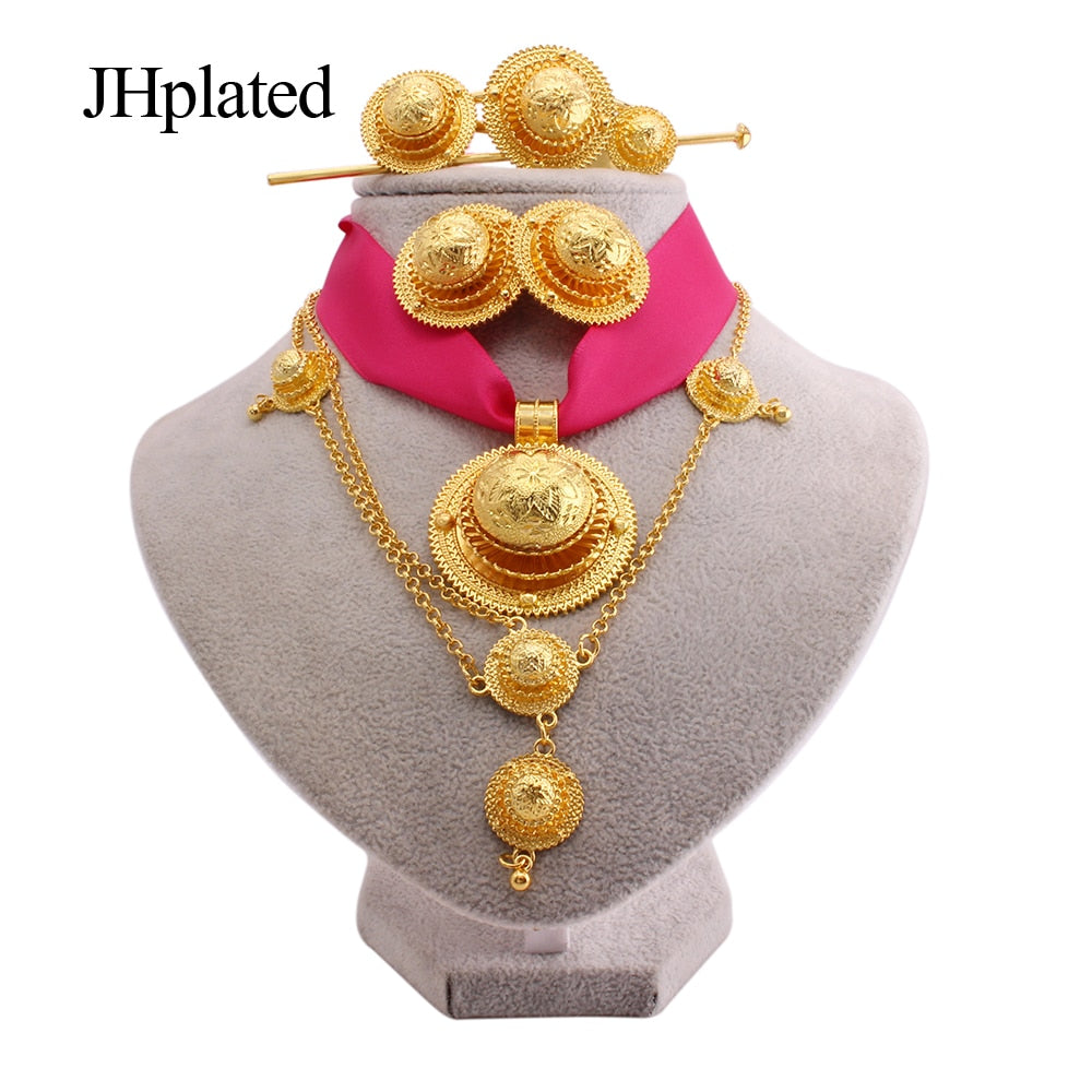 Luxury Gold plated bridal Jewelry sets for women Ethiopian Red rope pendant Hairpin necklace earrings bracelet ring wedding gift