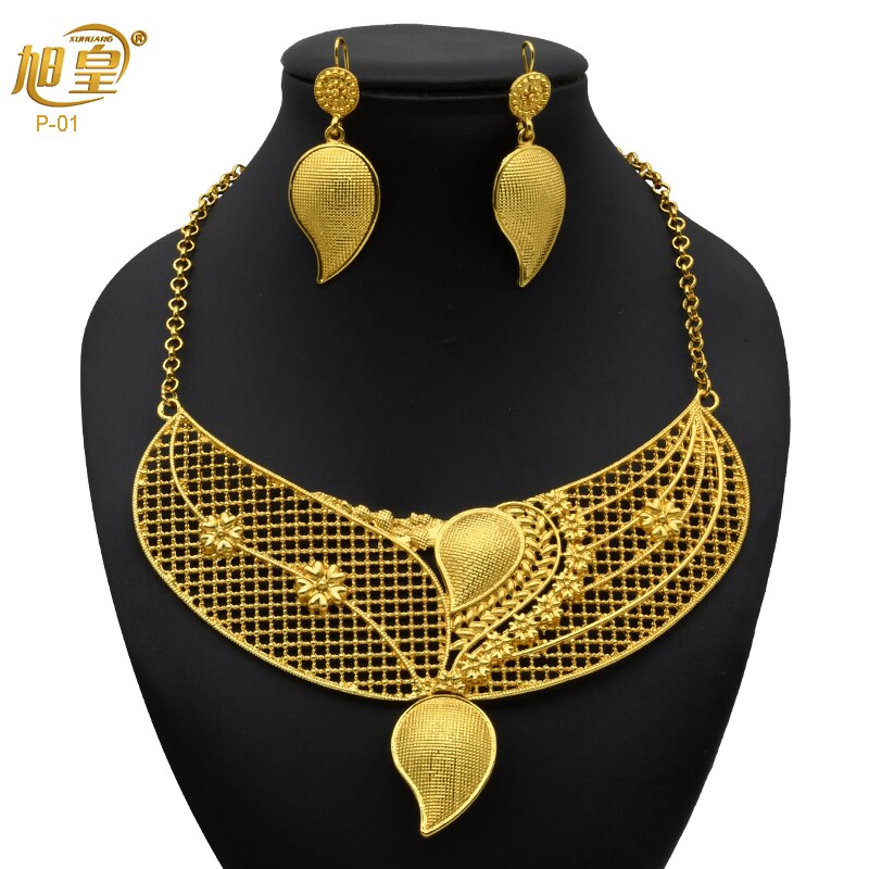 XUHUANG Dubai 24K Plated Necklace Earring Set Arabic Ethiopian Nigerian Banquet Wedding Party Necklace Choker Jewellery Set Gift