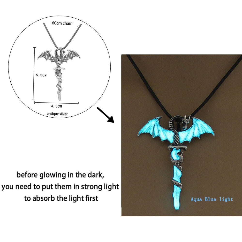 Glow-in-the-Dark Necklace for Men or Women with Luminous Dragon Necklace Glowing Night Fluorescence Antique Silver-Plated Halloween.