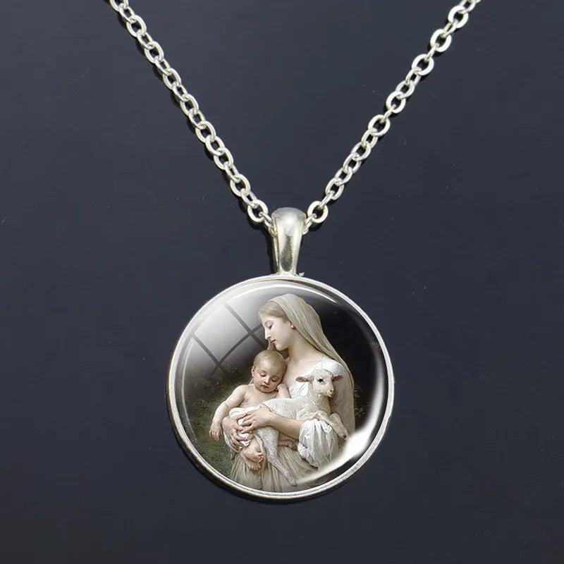 Virgin Mary and Baby Jesus Christian Catholicism Jewelry  Necklace Blessed Mother Religious Art Glass Dome Pendant Gift