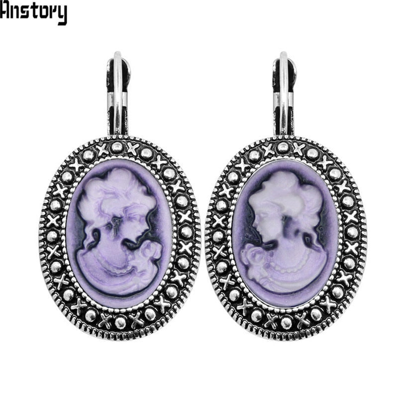 Lady Queen Cameo Hook Earrings For Women Vintage Look Antique Silver Plated Fashion Jewelry TE491