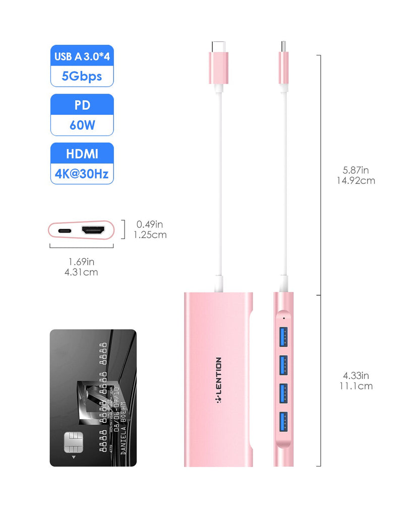 LENTION USB C Hub 4K@60Hz @30Hz HDMI USB-A 3.0 PD60W Multiport Adapter for M1 M2 MacBook/Pro/Air iPad Surface TypeC 1M Cable HUB