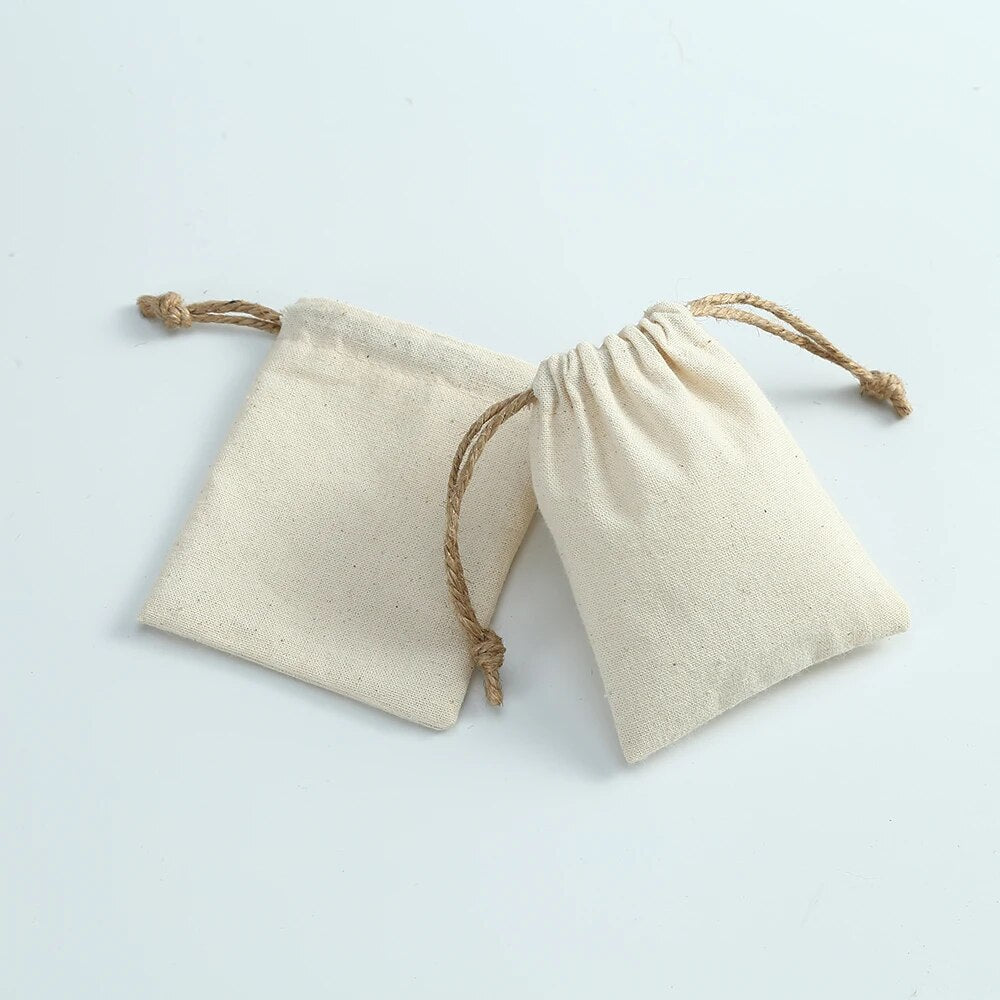 100pcs Nature Cotton Jewelry Bags Grosgrain Ribbon Drawstring Pouch Custom Logo Earring Bracelet Dice Dust Bag Wedding Gift Bag