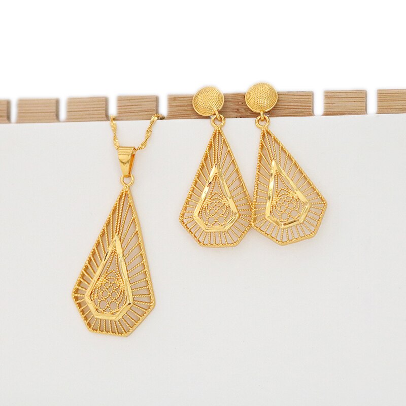 24k Gold Plated Ethiopian Earrings Pendant Necklace Set Dubai Women's Jewelry Set Africa India Nigeria Wedding Gift Party Jewelr